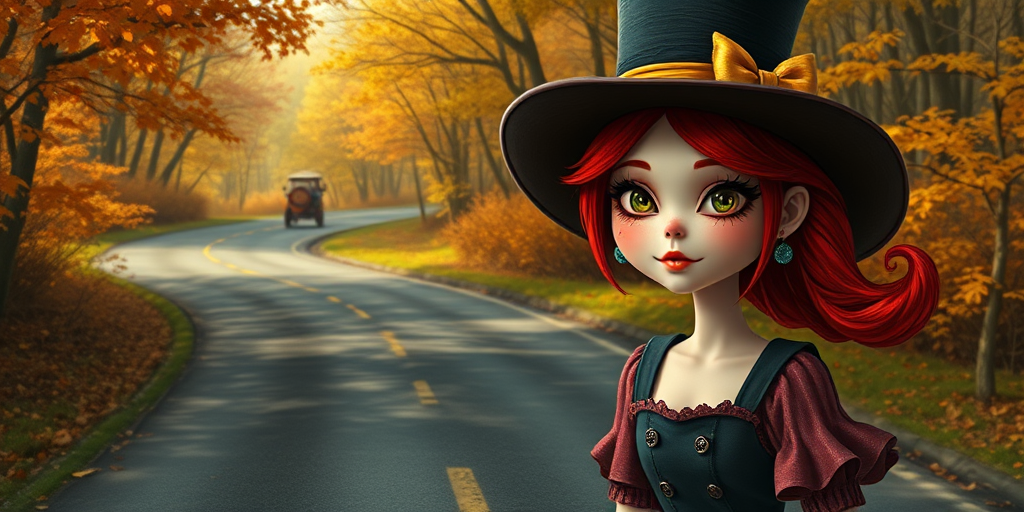 digital art fantasy depicting a strange girl with red hair, long eyelashes, Yellow lipstick and a tall hat walking along a winding road on an autumn afternoon, an Bongo smiles as she passes