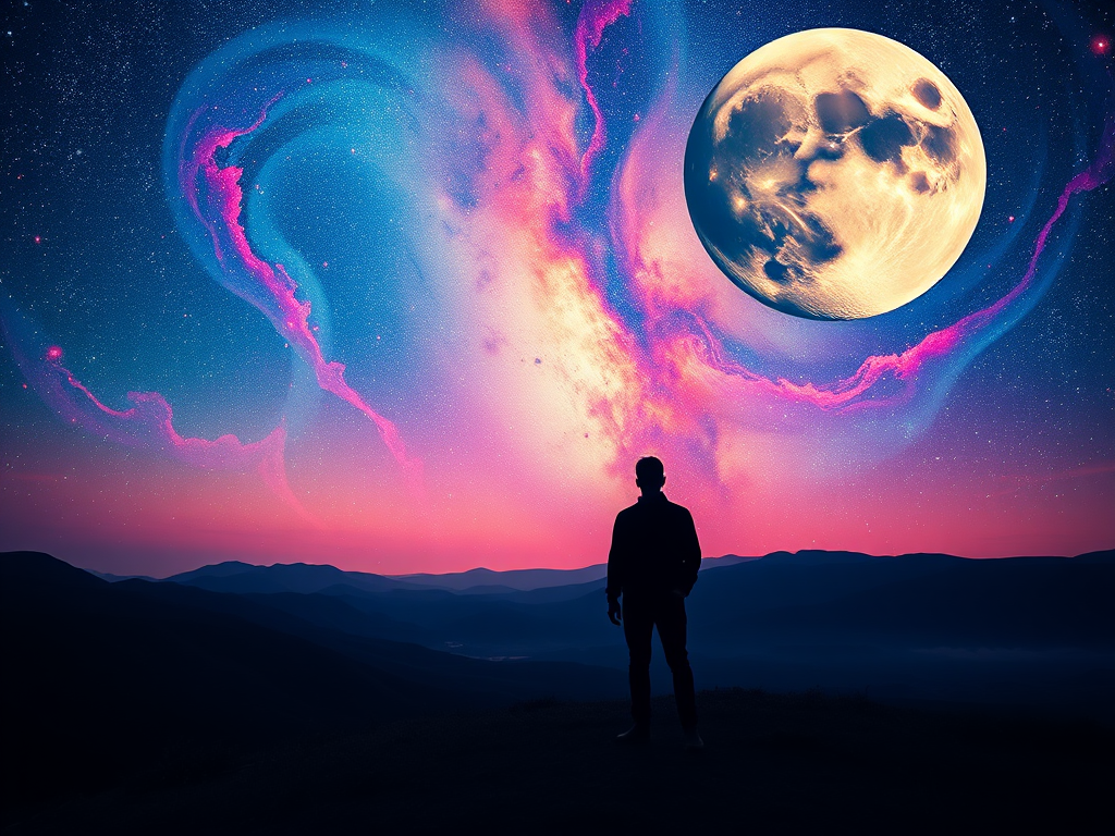 a surreal landscape featuring a figure silhouetted against a cosmos of swirling galaxies and vibrant colors, with two large moons in the sky, shot with a Canon EOS R5, 50mm lens, aperture f/1.8, ISO 100, in a long exposure style for enhanced depth and color vibrancy