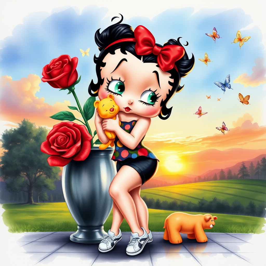 Luxury 3D HD realistic watercolor oil painting. Betty Boop with black hair in two messy buns. Red headband with big bow. He wears black shorts with a colorful t-shirt. White sneakers. She is standing hugging winnie the pooth next to a large vase with a tall red rose, There are trees and butterflies flying. The land with a beautiful lawn. Full body. Background of a sunset