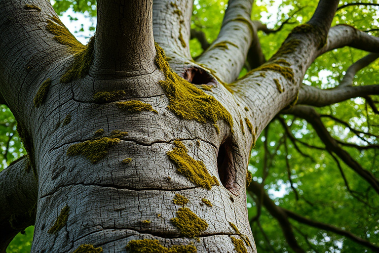 high-resolution image of a gnarled tree with visible textures and moss, taken at a low angle view using a DSLR camera, f/2.8 aperture, 50mm lens, ISO 100, natural lighting, sharp focus on tree details