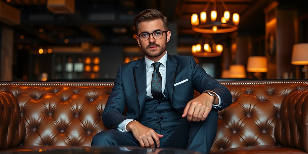portrait of a well-dressed man in a sleek suit sitting on a leather couch in a modern upscale lounge with warm lighting, shallow depth of field, 50mm lens, f/1.8, ISO 200, natural light, professional photo quality