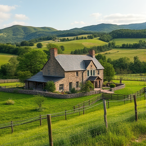 capture a serene countryside scene featuring a beautiful stone farmhouse surrounded by lush greenery and rolling hills in the background, use a DSLR camera with an aperture of f/8, ISO 200, shutter speed 1/250s, 24mm lens in landscape orientation to enhance image quality