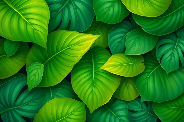 Create a vibrant illustration of tropical leaves in various shades of green, using a high-resolution digital format with a 50mm lens, f/4 aperture, ISO 100, top-down view, and soft lighting for enhanced detail and color depth.
