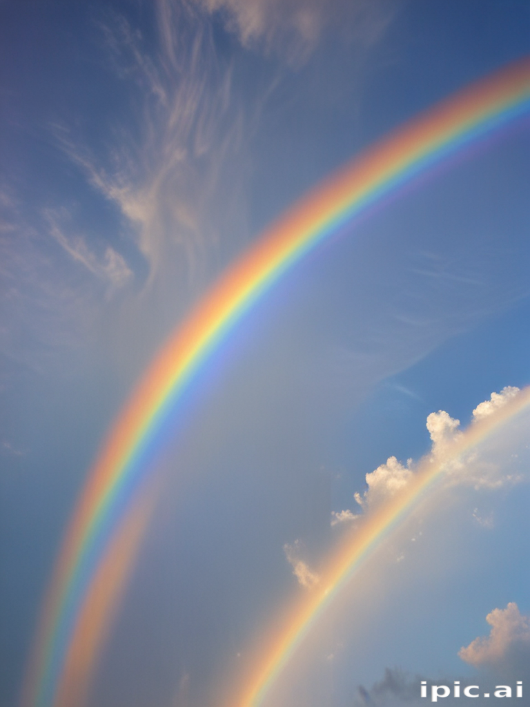 Vibrant Double Rainbow Arcing Across a Bright Blue Sky with Clouds