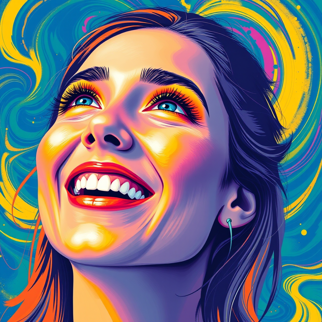 Generate a psychedelic portrait of a woman's happy face with brushstrokes of a woman smiling and looking up at the sky, emphasizing bright and bold colors. The dominant color should be deep blue, with swirling patterns of yellow, green, pink, purple and orange. open blue eyes with long eyelashes, apply an orange-yellow eyeshadow for a mesmerizing effect.