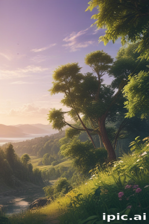 Serene Landscape at Sunset with Lush Greenery and Gentle River Flowing
