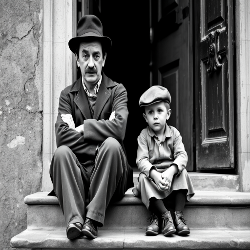 A black-and-white photograph of a man and a child sitting on steps in front of a doorway. The man is dressed as a tramp with a bowler hat, mustache, and ragged clothes, reminiscent of Charlie Chaplin's iconic look. He is sitting with his arms crossed and an expression of slight sadness or frustration. Next to him is a young boy, also in worn clothes and a cap, sitting with his hands clasped, looking thoughtful. The background is an old, textured wall and a partially open door, creating a vintage, early 20th-century atmosphere.