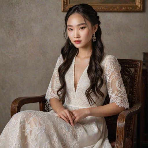 Create a portrait of a refined and elegant Mongolian woman seated in a sophisticated setting. She has long, wavy hair styled in two thick braids that are pulled over her shoulders. She wears a white, lace gown with intricate patterns, featuring a deep V-neckline and short sleeves. The dress exudes a vintage charm with its delicate lacework. She is adorned with ornate, dangling earrings that add a touch of glamour to her appearance. The background is softly lit, with warm, ambient lighting that creates a cozy and inviting atmosphere. Her expression is poised and serene, capturing a sense of grace and elegance.