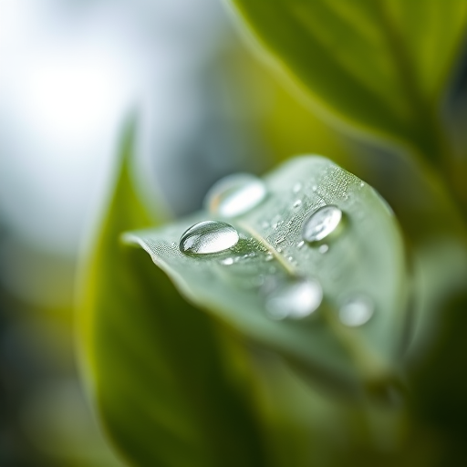 close-up shot of green leaves with water droplets, macro lens, aperture f/2.8, ISO 100, shutter speed 1/200s, natural soft lighting, DSLR camera, shallow depth of field