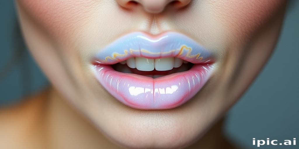 Pearlescent white woman lips with opal-like sheen, showcasing avant-garde and editorial makeup artistry