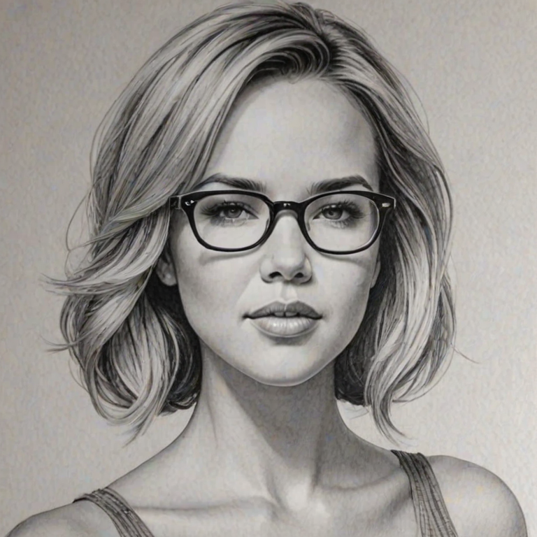 Wonderful Arielle Kebbel, pencil sketch, portrait of Exquisite woman 1971s in glasses, hair style beatnik, outline, clear lines, fine lines, 8k