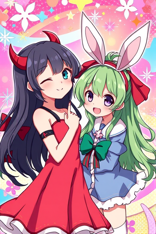 Create a vibrant digital illustration of two cute anime characters in a whimsical style, one with dark hair and devil horns in a red dress, and the other with green hair and bunny ears in a festive outfit, set against a colorful, sparkly background with stars and flowers, captured with a high-resolution digital camera at f/2.8, 50mm lens, in bright daylight to enhance colors and details.
