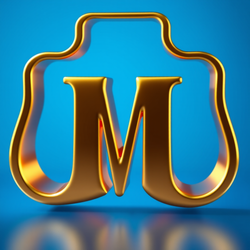 Create a 3D rendering of a glossy gold letter M with a rich blue background, utilizing a DSLR camera with a 50mm lens, f/1.8 aperture, ISO 100, and a shallow depth of field to enhance the focus on the letter.
