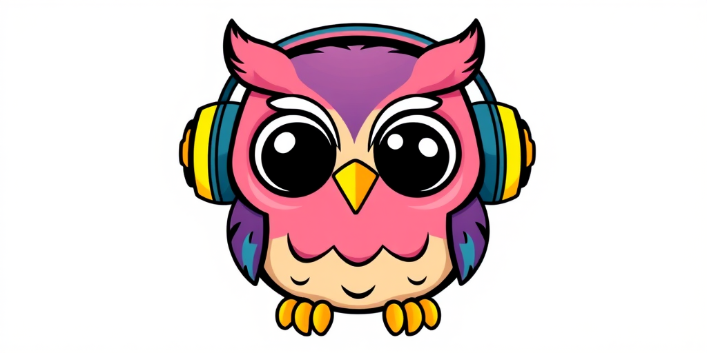 sticker, Happy Colorful Owl wearing Headphones, kawaii, contour, vector, white background