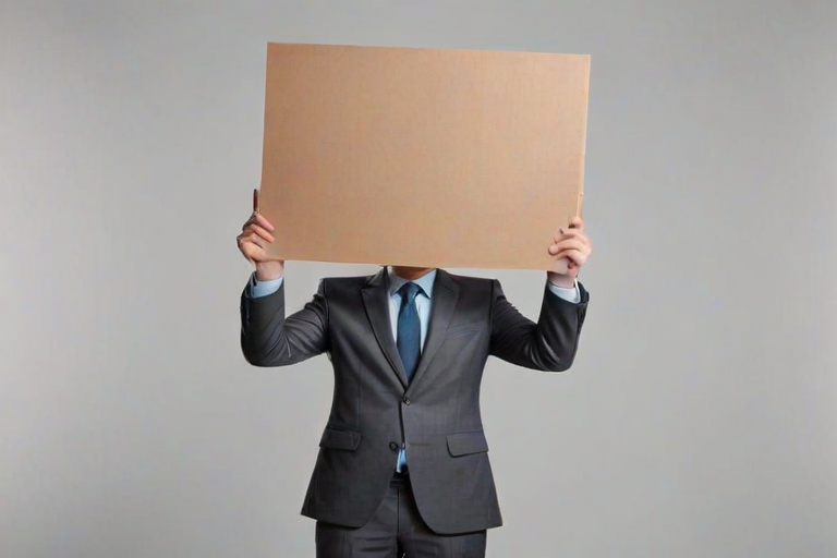 create an image of a person in a business suit holding a large blank sign in front of their face, with only their hands visible, in a studio environment