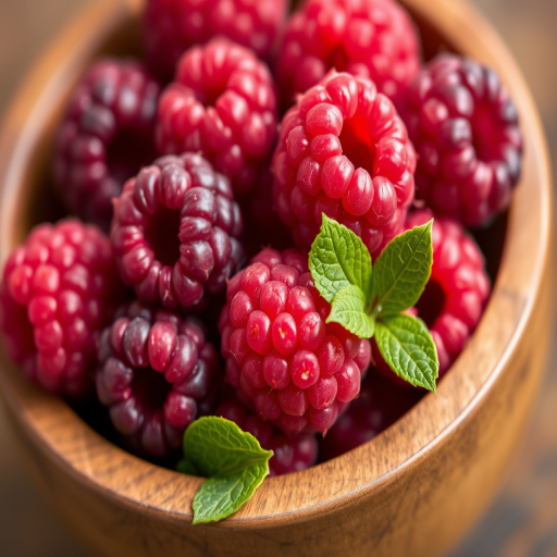 close-up shot of fresh raspberries in a wooden bowl, aperture f/2.8, shutter speed 1/60s, ISO 100, 50mm lens, natural light, macro photography