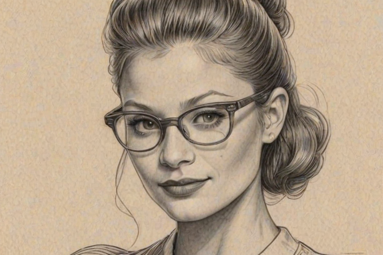 Bewitching Emilie de Ravin, pencil sketch, portrait of Attractive woman 1944s in glasses, hair style beatnik, outline, clear lines, fine lines, 8k