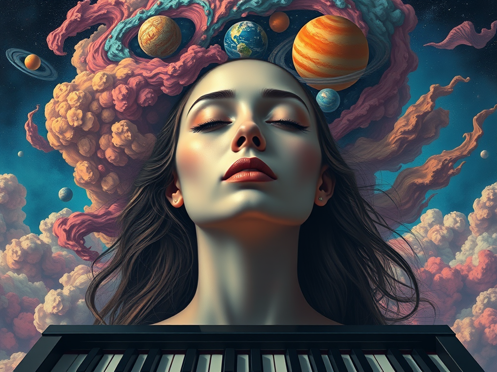 Create a surreal painting of a woman with closed eyes, featuring colorful swirling clouds and planets around her head, with a piano in the foreground, use a Canon EOS R5, 50mm lens, f/1.8 aperture, ISO 100, 1/125 sec shutter speed, and a cinematic style for enhanced depth and vibrant colors.