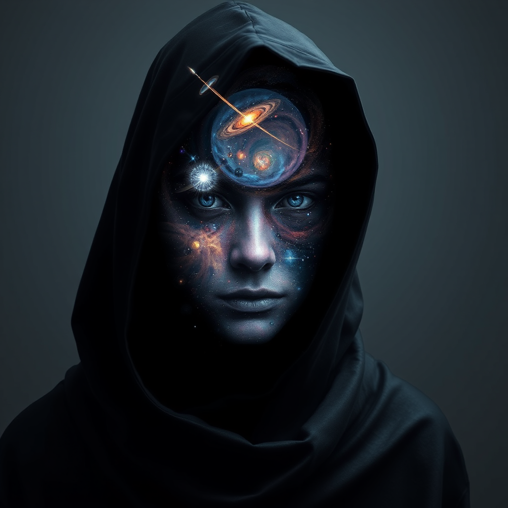 A mysterious hooded figure stands silently, the dark cloak flowing around them like shadows. Beneath the hood, their face is a mesmerizing cosmic scene where swirling galaxies, radiant stars, and vibrant planets form the features. Nebulas drift where eyes should be, glowing softly, while delicate streaks of cosmic energy trace the outlines of a nose and lips. Comets streak across the vastness of their face, and faint constellations pulse with life. The entire visage shifts and evolves as if the universe itself is contained within the figure, giving an ethereal, otherworldly presence to their form.