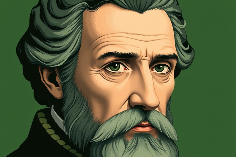 regenerate an illustration of a historical figure with a minimalist style and a green color palette, focus on detailed facial features, close-up view, shot with a DSLR camera at f/2.8, ISO 100, using a 85mm lens for sharpness and clarity, soft lighting to enhance texture and depth