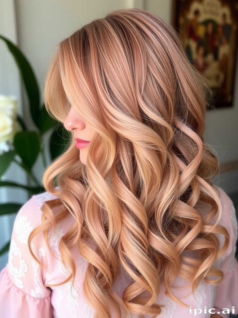Romantic rose gold hair in loose vintage-inspired curls, designed by Blush Petal, showcasing a soft, feminine look with delicate pearl accents and subtle champagne blonde highlights