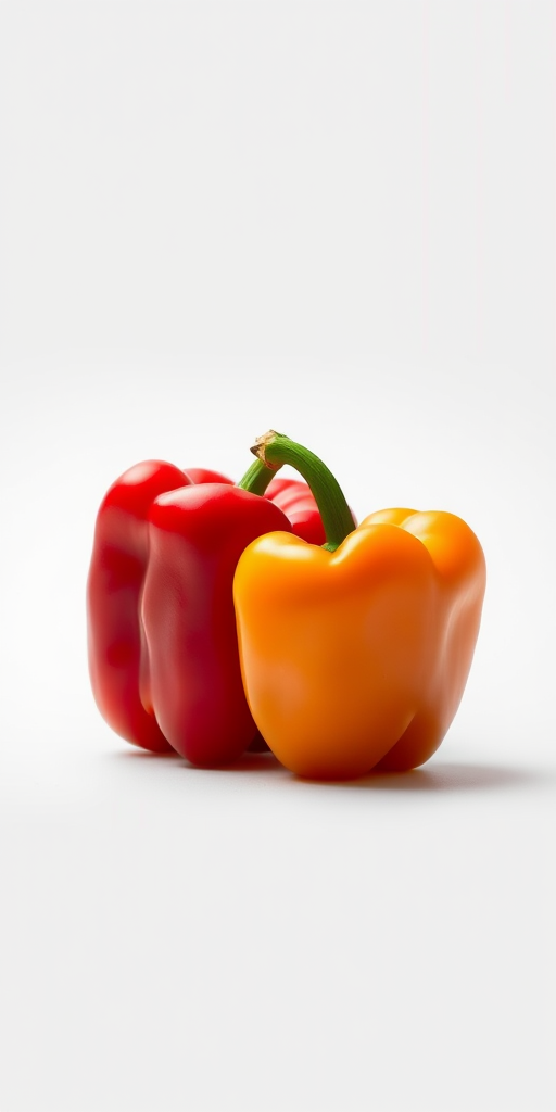create a high-resolution image of a red and orange bell pepper arranged close together on a white background, use a 50mm lens, aperture f/2.8, ISO 100, with soft lighting to enhance colors and textures, taken from a 45-degree angle using a DSLR camera