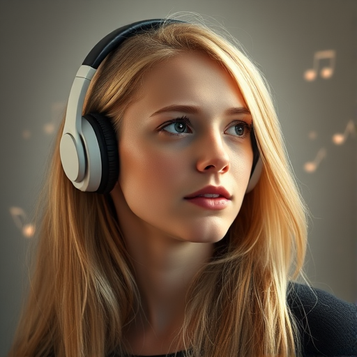 Portrait of a young woman with long blonde hair wearing headphones, looking thoughtfully to the side, with musical notes artistically integrated into the background, shot with a Canon EOS 5D Mark IV, 50mm lens, aperture f/1.8, ISO 100, soft lighting, and shallow depth of field.