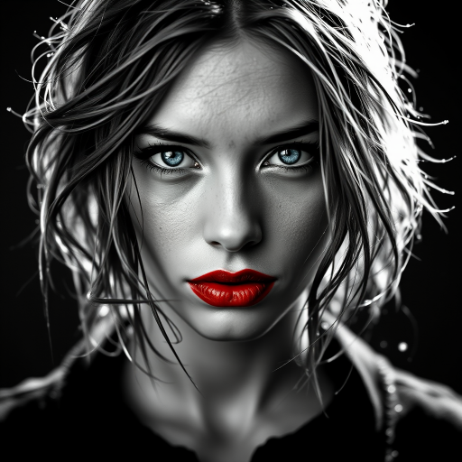 a striking portrait in the style of black-and-white photography, dramatic high-contrast lighting eloquently tracing the intricate details of hand-drawn pen strokes, a beautiful Nordic woman tousled hair and shining, focus on blue eyes and red lips, radiating with intensity portrait that highlights her dark , wet, . The monochromatic statement features her pale skin colored by tiny beads of sweat and water droplets, showcasing a hyper-detailed composition that focuses entirely on her unforgettable face. The stylized composition basks in atmosphere and mystery, created by the powerful, piercing gaze of the water-driven Nordic woman as she commands an intense and mesmerizing aura within the limited frame. Composed to evoke a sense of nostalgic wonder, this portrait perfectly captures the essence of a bygone era.