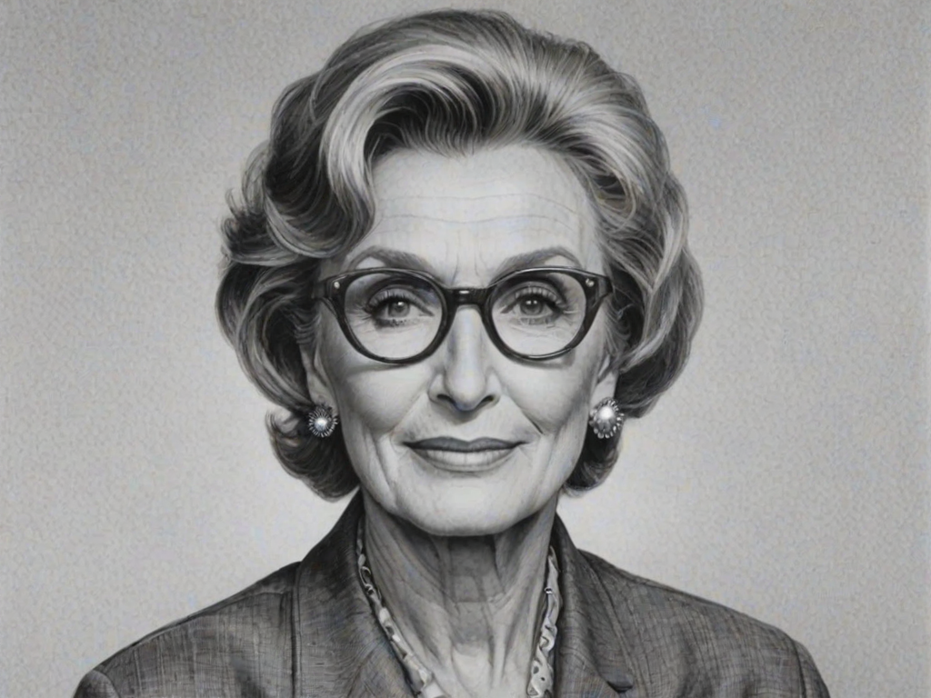 Superb Cloris Leachman, pencil sketch, portrait of Dazzling woman 1959s in glasses, hair style beatnik, outline, clear lines, fine lines, 8k