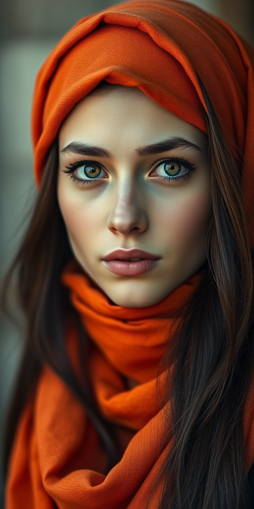 Create a portrait of a young Caucasian woman with long, dark hair and captivating hazel eyes. She is wearing a orange headscarf and a matching scarf draped gracefully around her neck. The background is softly blurred, focusing attention on her serene and natural expression. The overall color palette is muted and warm, enhancing the intimate and authentic feel of the portrait.