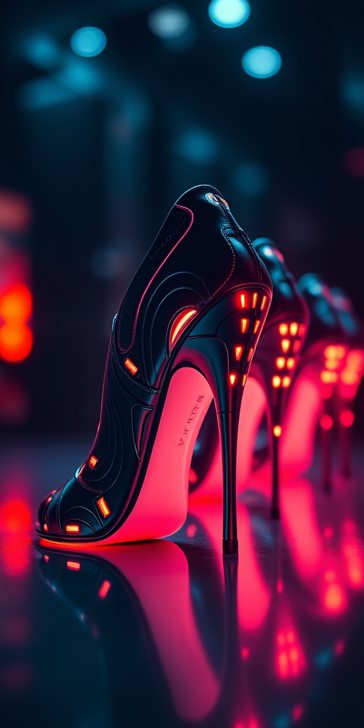 high-contrast shot of futuristic high-heeled shoes with intricate designs and glowing accents, soft focus background, studio lighting, ISO 100, f/2.8, 1/125s, 50mm lens, captured with a DSLR camera