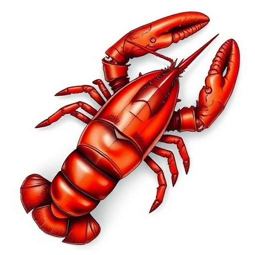 Create a highly detailed illustration of a vibrant red lobster with intricate line work on a plain white background, captured using a DSLR camera with a 50mm lens at f/8 aperture, ISO 100, and a shutter speed of 1/200s, using a top-down view for clarity and enhanced texture.