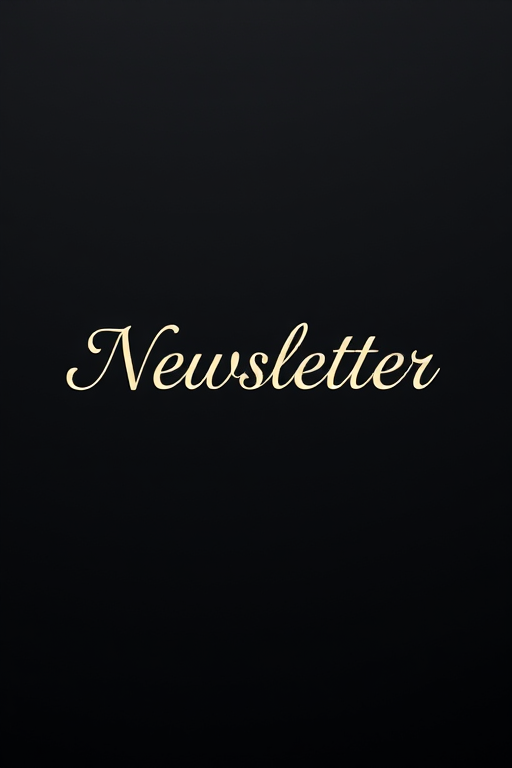 Create a minimalist black background with elegant cursive font displaying the word "Newsletter" in cream color, using a Canon EOS R5 camera at f/2.8 aperture, ISO 100, and 50mm lens, with a centered composition and soft focus effect to enhance visual quality.