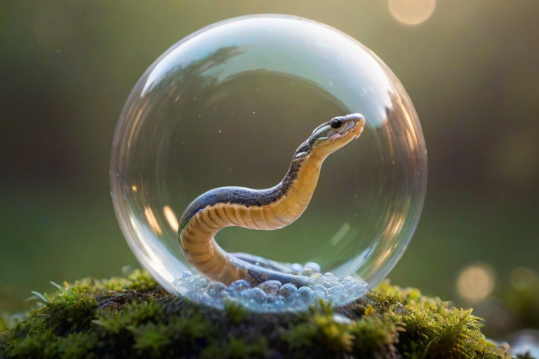 create a close-up image of a small, whimsical snake inside a transparent bubble surrounded by floating bubbles, with a soft, dreamy background and vibrant lighting