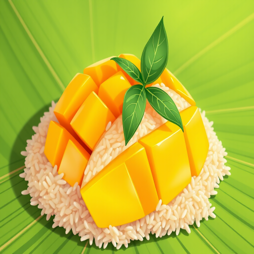 Create a high-quality illustration of mango sticky rice with a detailed focus on the mango and rice, set on a banana leaf background, using a digital art style with vibrant colors, 4K resolution, wide-angle view, and soft lighting effect.