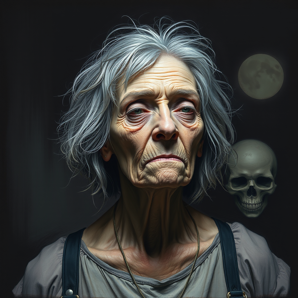 Final exit party. Dark Moody impasto dark picture edges. old woman. grey untidy hair streaked with white and pastel muted colours. include whole head and neck and shoulders. death lurks in the background.