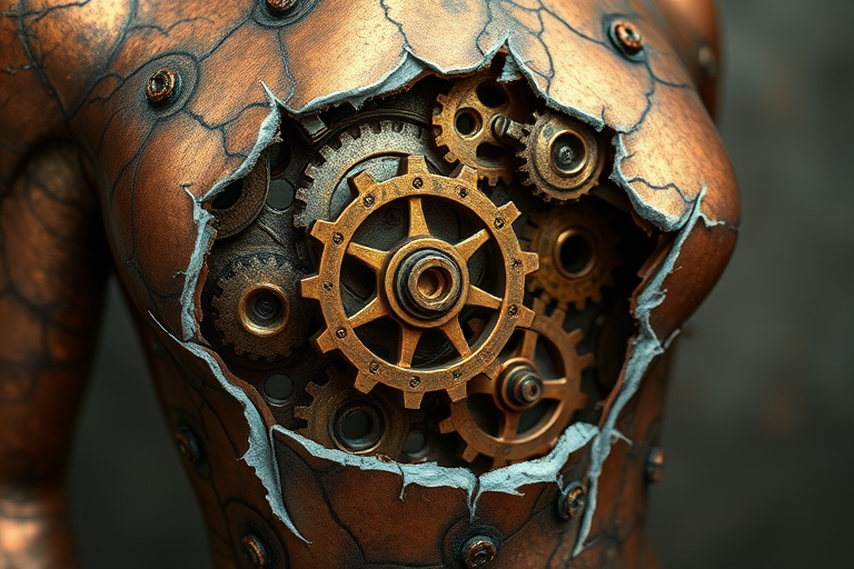 Steampunk-inspired biomechanical gears and cogs revealing inner workings beneath torn skin, metallic copper and bronze coloration