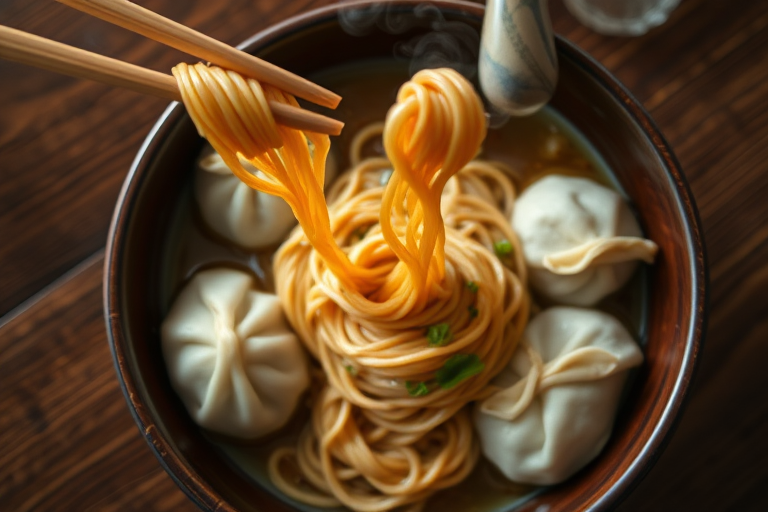 A bowl of steaming noodles with chopsticks lifting strands, alongside three dumplings, shot with a Canon EOS 5D Mark IV, aperture f/2.8, ISO 100, 50mm lens, overhead view, in soft natural light to enhance colors and textures.