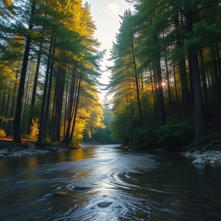 Create an image of a serene, sunlit forest scene with a clear, gently flowing river. Tall trees with lush green foliage line both sides of the river, their leaves bathed in the warm golden light of the setting or rising sun. The sunlight filters through the trees, casting soft, dappled light on the river, which flows over smooth rocks and pebbles, creating a peaceful, natural atmosphere. The sky is bright with a few scattered clouds, and the overall mood is tranquil, evoking a deep sense of connection with nature. The image captures the beauty of a calm, pristine forest landscape at either dawn or dusk.