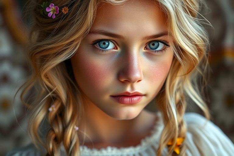 Create an image of a young Quechua woman with long, wavy blonde hair, adorned with small, colorful flowers woven into her braids and loose strands. Her complexion is fair, with soft, glowing skin, and she has light blue eyes that gaze softly at the viewer. She wears a light, flowing dress with a gentle, ethereal quality, complementing her delicate and serene appearance. The background is slightly blurred, drawing focus to her tranquil expression and the intricate details of the flowers in her hair. The overall mood of the image is one of natural beauty and grace, evoking a sense of peacefulness and connection with nature.