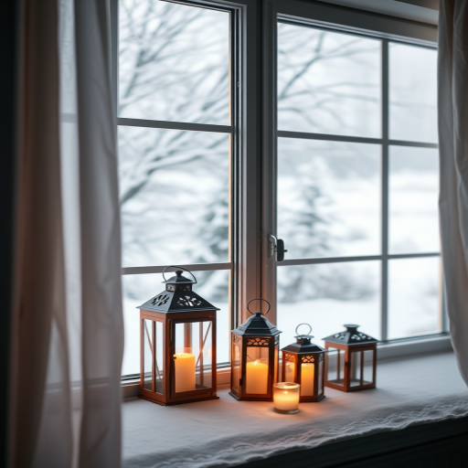cozy winter scene through a large window with soft curtains, snow-covered landscape outside, illuminated lanterns on the windowsill, warm candlelight glow, Canon EOS R5, 50mm f/1.2 lens, ISO 100, aperture f/1.8, 1/60 sec, natural light with soft shadows, depth of field focus on lanterns