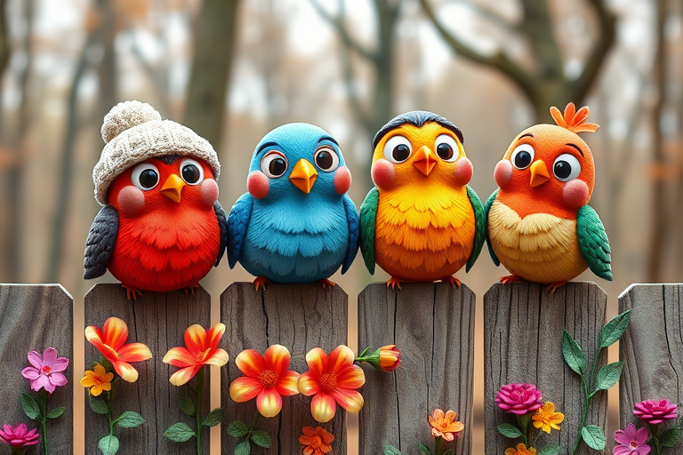 create a scene of 4 quirky  whimsical colourful comical birds each with a funny expression. they are sat on a wooden fence with colourful flowers. they are all different sizes. each one is a different colour  one is wearing a woolly hat. Each one has a different quirky google expression and there is a muted background of trees watercolour paintierly style high definition 8k resolution 3D paper mache