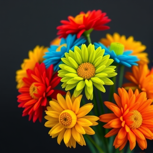 Create a vibrant, colorful bouquet of cartoon-style pom-pom flowers with bright red, yellow, green, blue, and orange blooms on a dark background, captured with a DSLR camera at f/2.8 for shallow depth of field, 50mm lens for close-up detail, with soft natural lighting to enhance colors.