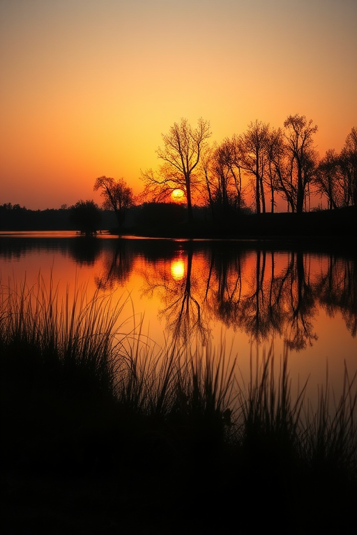 sunset over a calm lake with silhouetted trees reflecting in the water, soft focus, warm tones, wide angle, f/8 aperture, ISO 100, 1/125 sec, DSLR camera, landscape orientation