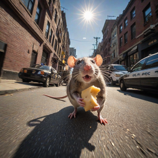 rat holding cheese is (running:1.05) to the viewer, (motion blur:1.1), (police running:1.2), (dynamic:1.1), sun rays, newyork, (taken by go pro:1.3), (taken by 7.5mm fisheye lens:1.1)