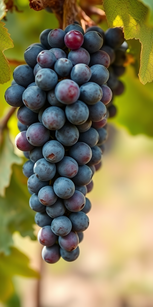 grapes hanging on a vine, close-up shot, macro lens, f/2.8 aperture, 100mm focal length, soft natural lighting, high dynamic range, DSLR camera