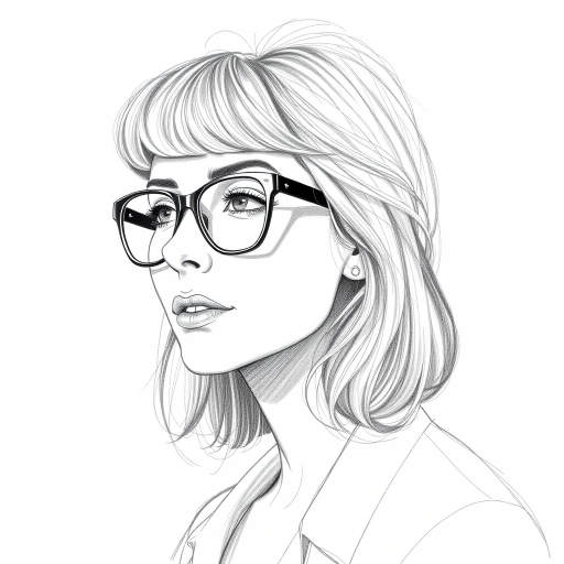 Beautiful Toni Collette, pencil sketch, portrait of beautiful woman 60s in glasses, hair style beatnik, outline, clear lines, fine lines, 8k