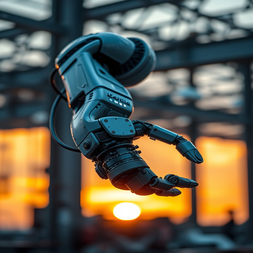 highly detailed robotic arm in an industrial setting, soft gradient sunset background, with dramatic lighting, shot with a Canon EOS R5, 50mm lens, f/1.8 aperture, ISO 100, 1/200 sec exposure, focus on the arm with shallow depth of field