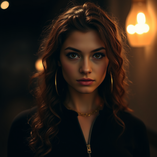 A young woman with long, curly brown hair is looking directly at the viewer. She is wearing a black top with a zipper down the front. The setting is a dimly lit interior space, with a warm, golden light emanating from the background. Her expression is neutral, with a hint of seriousness. The image is a close-up portrait with a shallow depth of field, focusing on the woman's face and torso. The background is blurred, creating a soft and intimate atmosphere.  She is wearing large gold hoop earrings, and a small gold chain is visible around her neck.  Her makeup is natural and simple, highlighting her brown eyes. The lighting creates subtle shadows that accentuate her features.  Her skin is smooth and glows in the soft light. The composition is balanced, with the woman's face positioned in the center of the frame.  The image is focused on capturing her beauty and confidence.