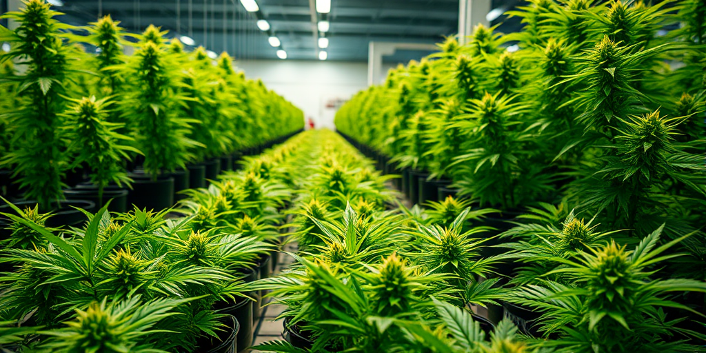 capture a lush indoor cannabis cultivation scene with numerous potted plants neatly arranged in rows, bright ambient lighting highlighting the vivid green leaves, depth of field focused on the foreground plants, ISO 200, aperture f/4, shutter speed 1/125s, wide-angle lens, DSLR camera
